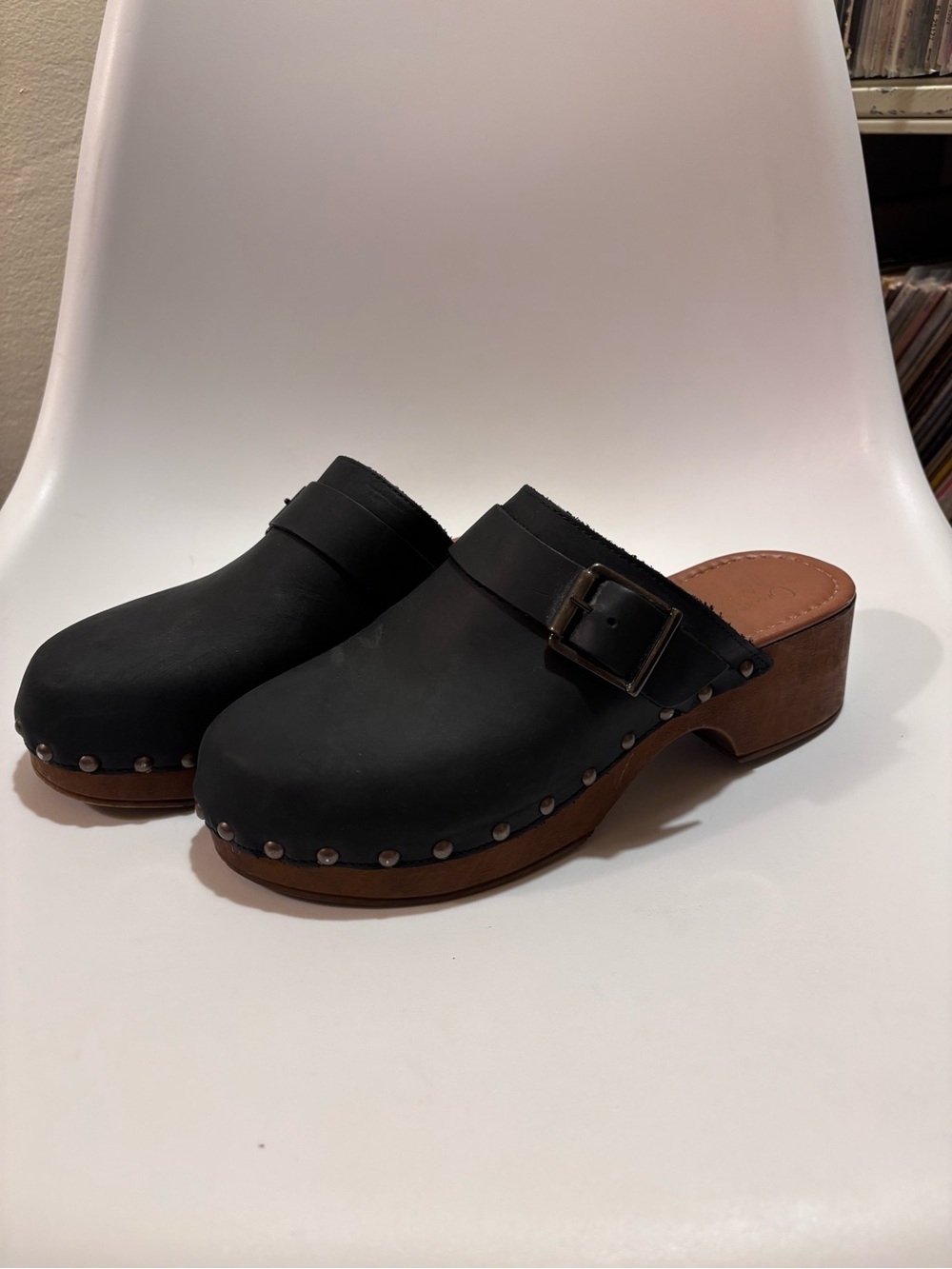 Crown Vintage Black Leather Clog with Studs
